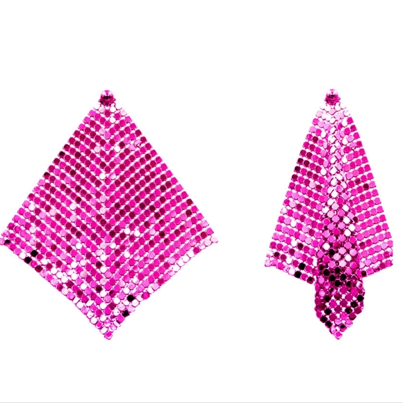 Fuchsia Mesh Chain Dangle Earrings Drop Metal Cute Beautiful Statement Accessory - Picture 8 of 8